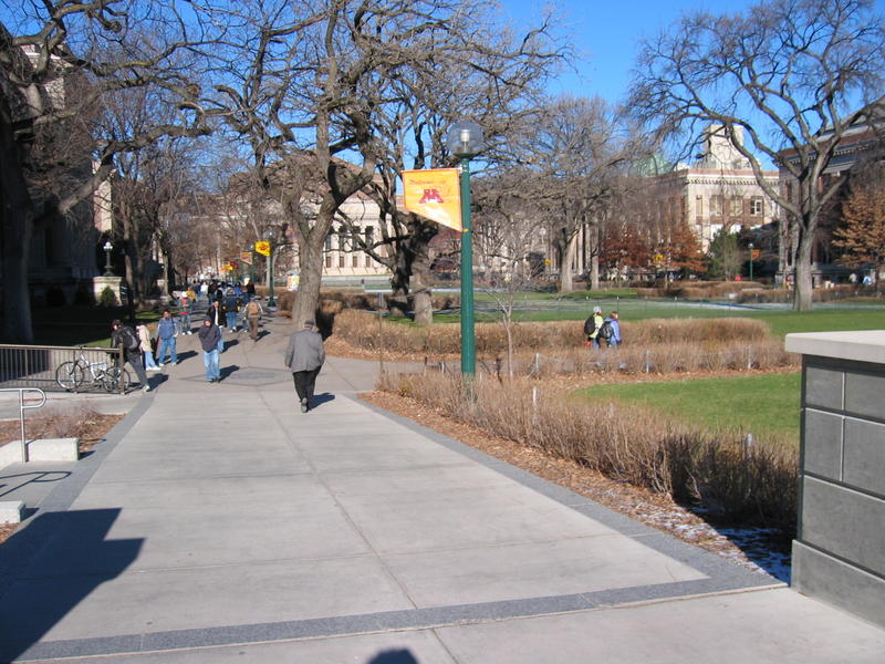 Across the bridge, looking down the 'mall' towards my class